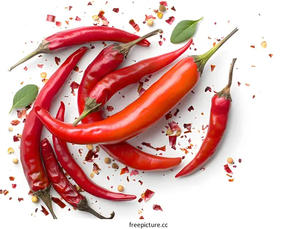 Red chili peppers scattered on a white background