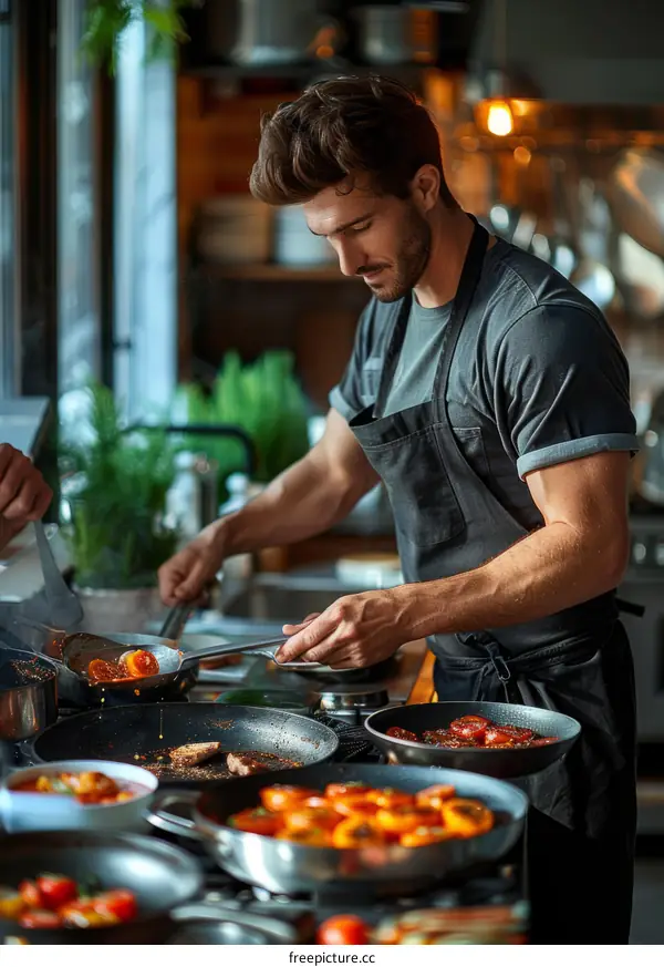Focused male chef cooking in a commercial kitchen