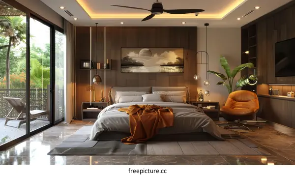 Modern Bedroom Interior Design with Wooden Wall and Large Window
