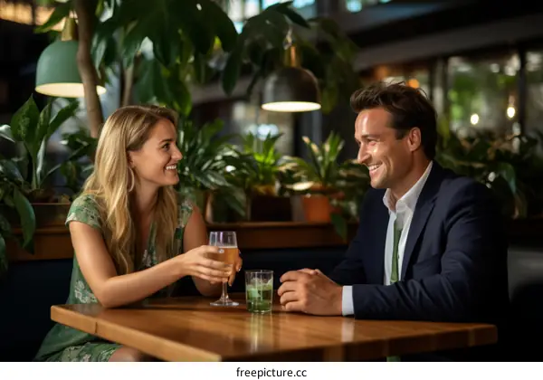 A couple is sitting at a table in a restaurant, drinking wine and talking.
