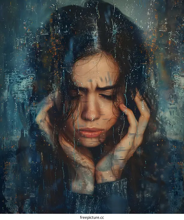 A woman is crying by the window