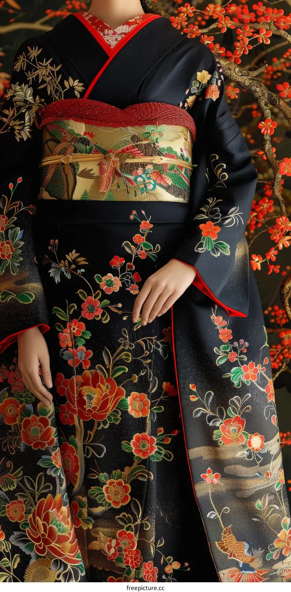 A woman wearing a black kimono with red and gold floral embroidery