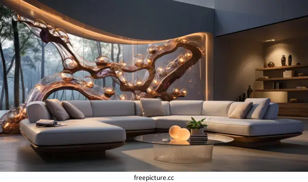 Modern Luxury Living Room with Large Curved Glass Windows