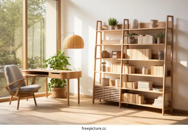 A stylish home office with a large wooden desk, a comfortable chair, and a beautiful bookshelf.