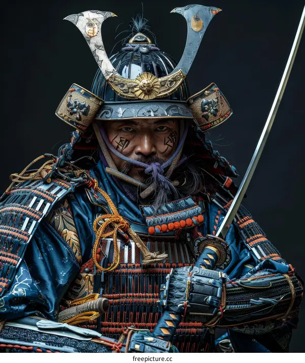 Portrait of a samurai warrior wearing a traditional Japanese helmet and armor.