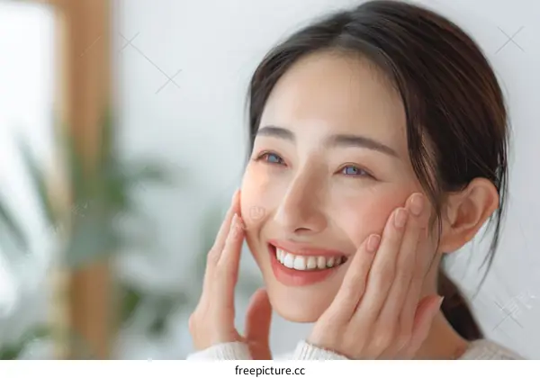 Asian woman smiling and touching her face
