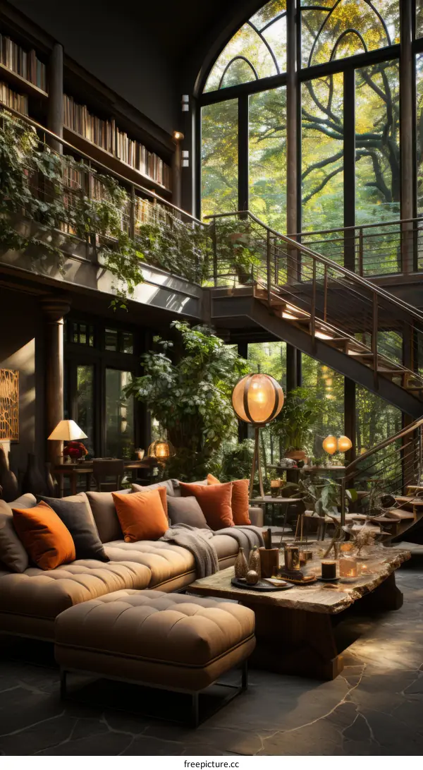 Forest Living Room with a Stairway