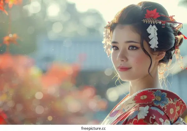 Japanese Woman In Traditional Kimono With Flowers In Her Hair