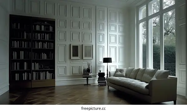 Elegant Interior Design with Bookshelf and Sofa
