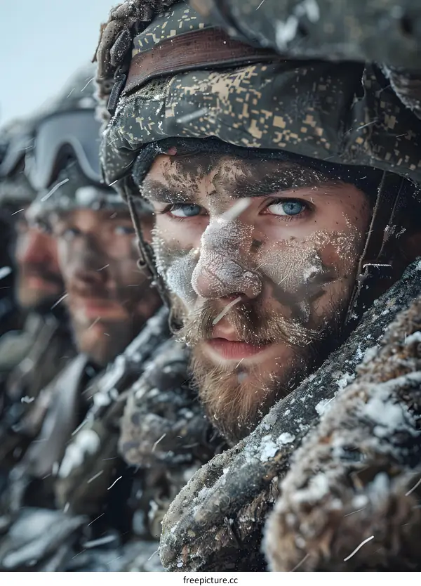 Portrait of a soldier in the winter forest