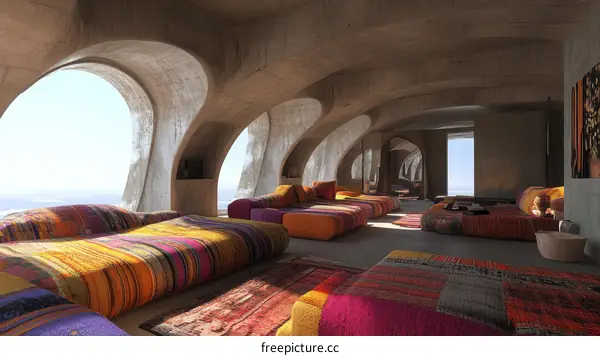 Modern Concrete Living Room with Colorful Cushions