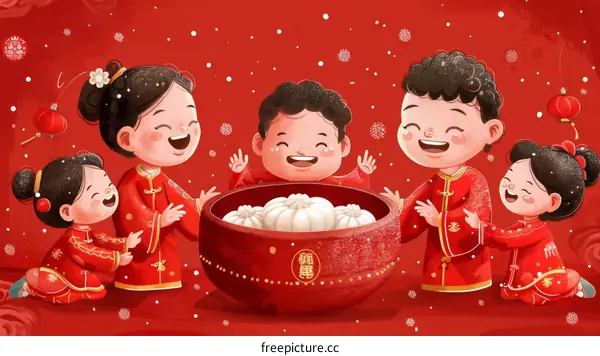 A happy Chinese family is making dumplings together