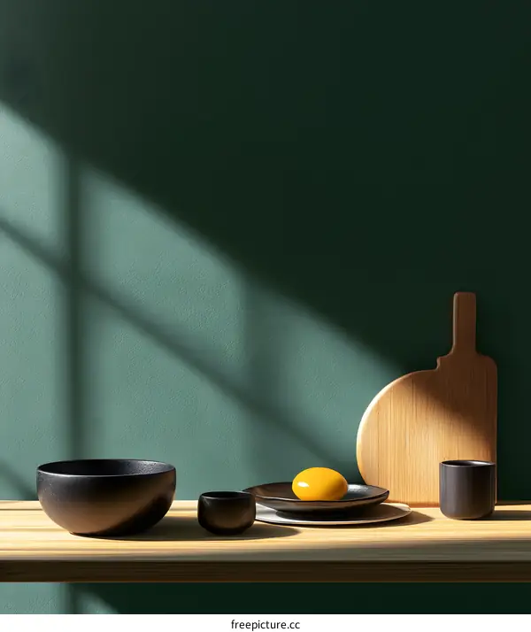 Minimalist Still Life with Black Bowl and Yellow Egg on a Wooden Shelf Against a Green Wall