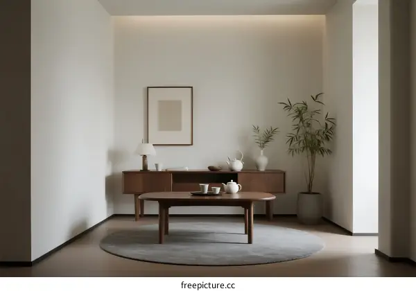 Minimalist living room with wooden furniture and potted plant