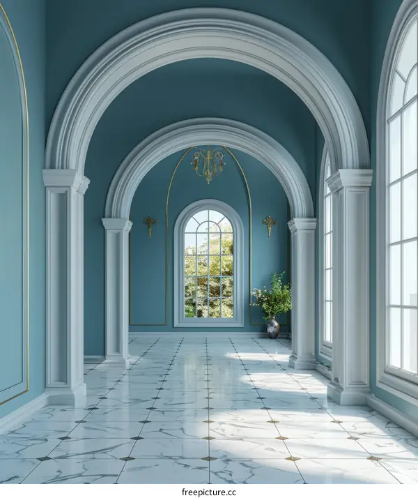 Elegant Archway Hallway with Streaming Sunlight