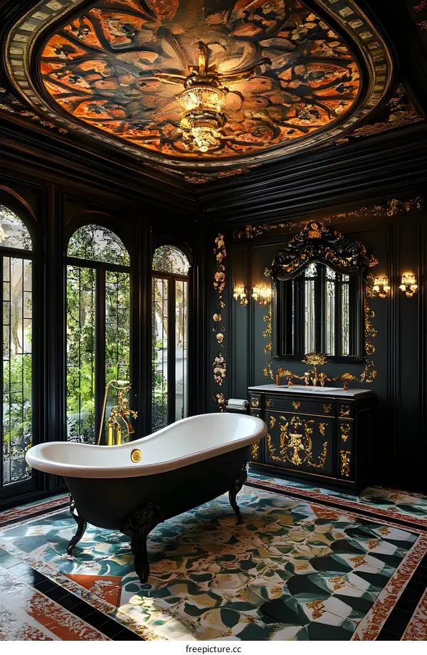 Luxury Bathroom Interior Design With Black Walls and Gold Accents