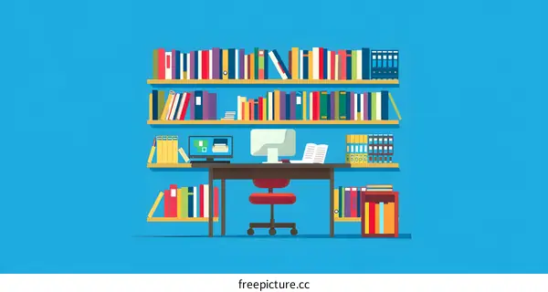 Flat Design Illustration of a Library with Bookshelves