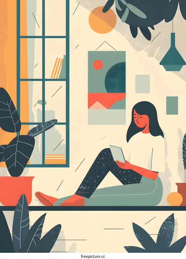 Woman Sitting by Window Reading Digital Tablet