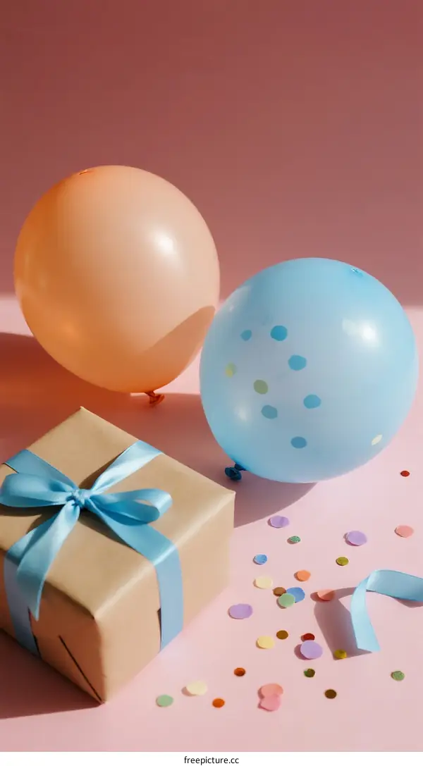 Colorful Balloons and Gift Box with Confetti on Pink Background