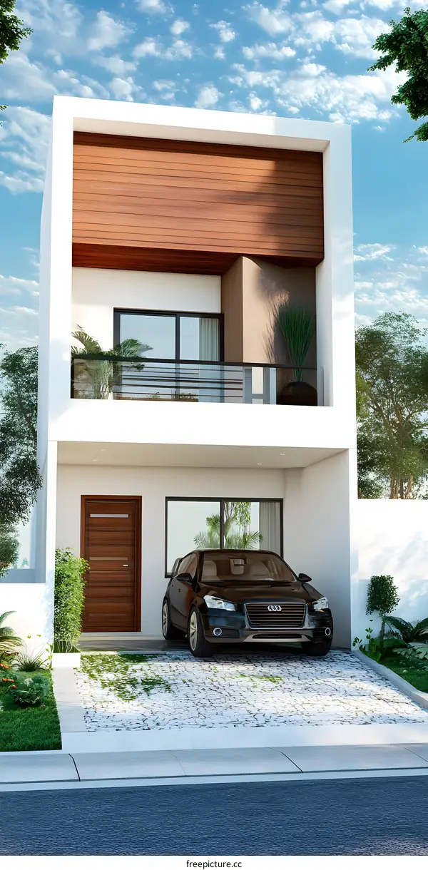 Modern Two Story House with Balcony and Car in Front