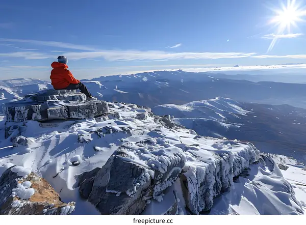A person sitting on a rock in the snow-capped mountains