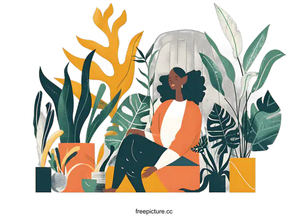 [Transparent Background PNG]Woman Sitting in Lush Green and Yellow Plants