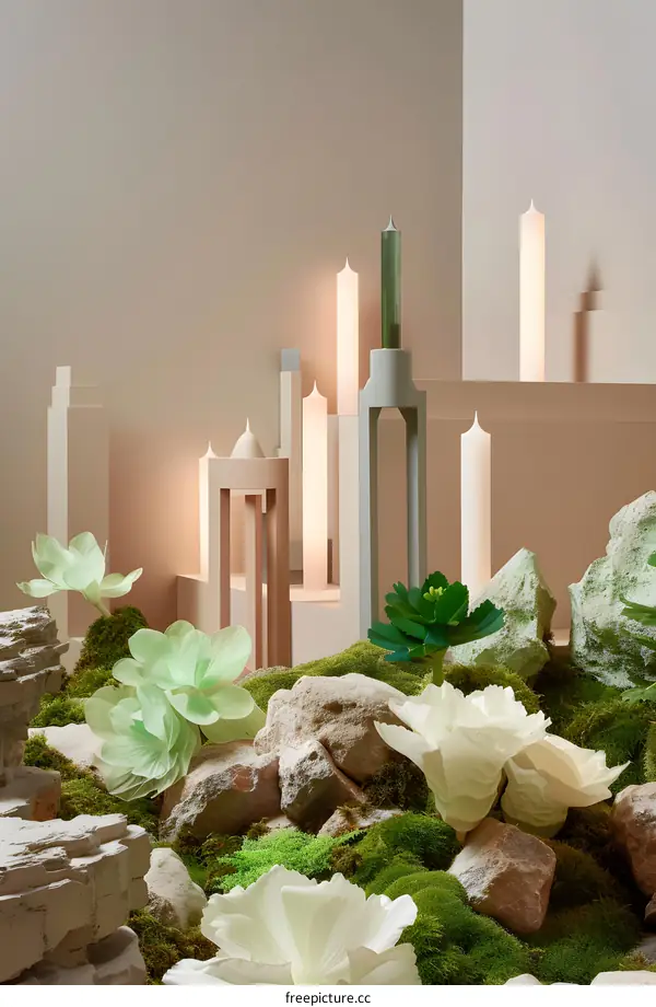 Abstract Minimalist Still Life with Candles, Stones, and Flowers