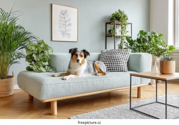 Cozy Living Room with Dog and Plants