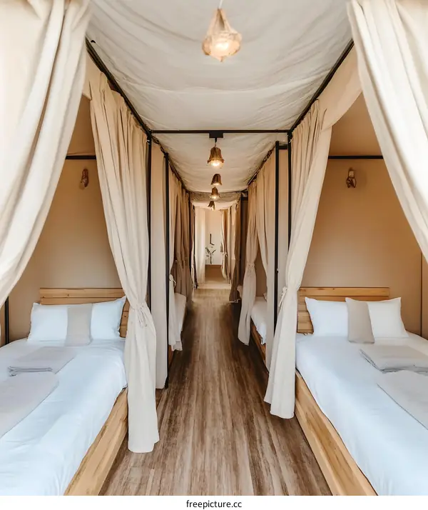 Modern Glamping Accommodation With Wooden Beds And White Curtains