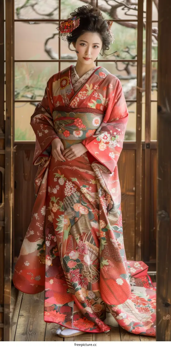 Japanese Woman Wearing Traditional Kimono With Floral Pattern