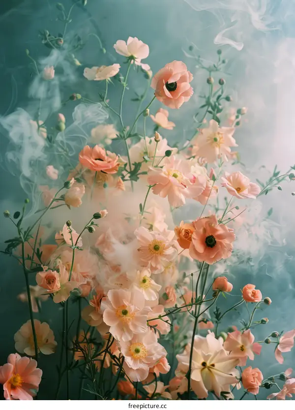 Dreamy Peach Ranunculus Flowers in a Misty Atmosphere