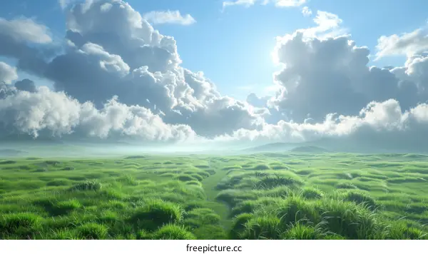 Vast Green Meadow Under a Cloudy Sky