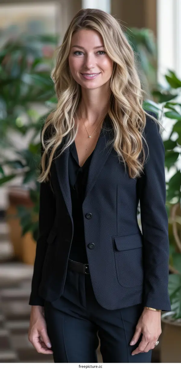 Confident businesswoman standing in an office hallway