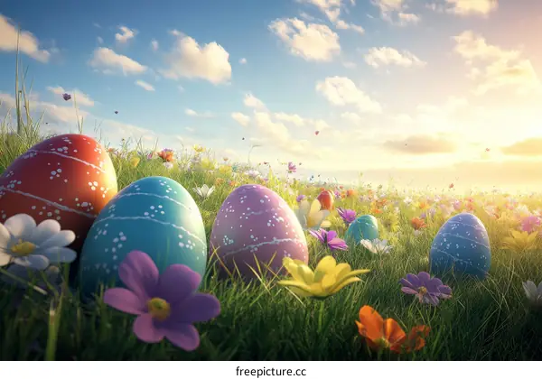 Easter Eggs in a Colorful Spring Meadow