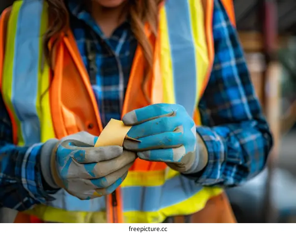 Close-up of construction worker's hands holding a piece of sandpaper