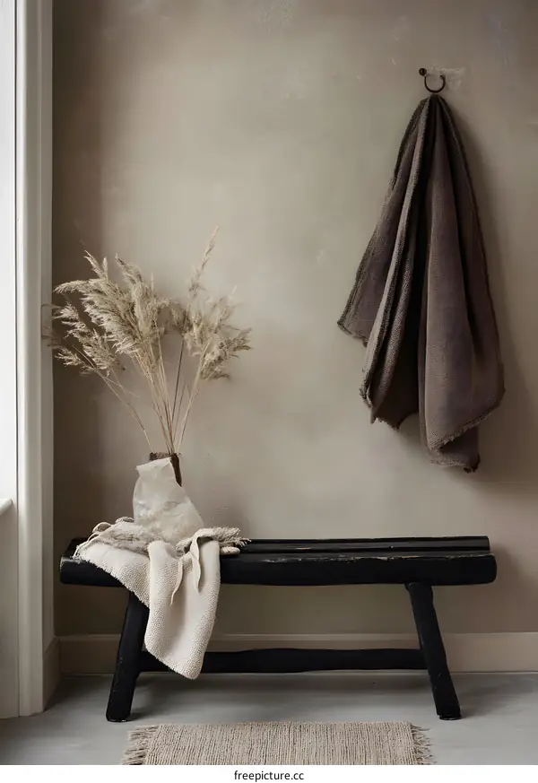 Rustic Wooden Bench with Brown Blanket and Dried Grass in a Minimalist Interior