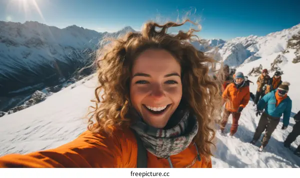 A group of friends hiking in the snow