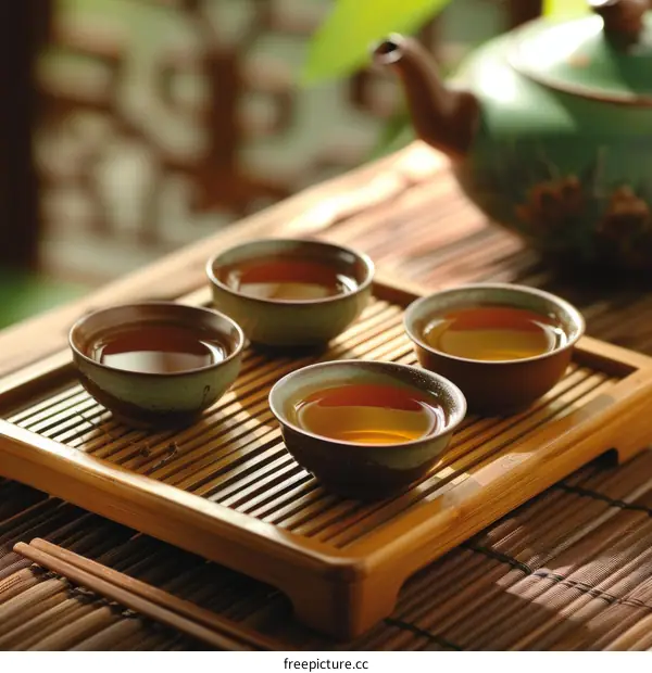 Four Chinese teacups with tea on a bamboo tray