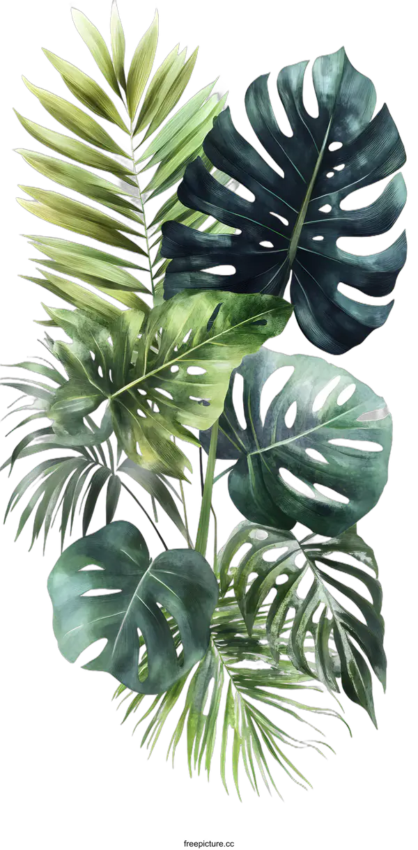 [Transparent Background PNG]Tropical Leaves Watercolor Illustration