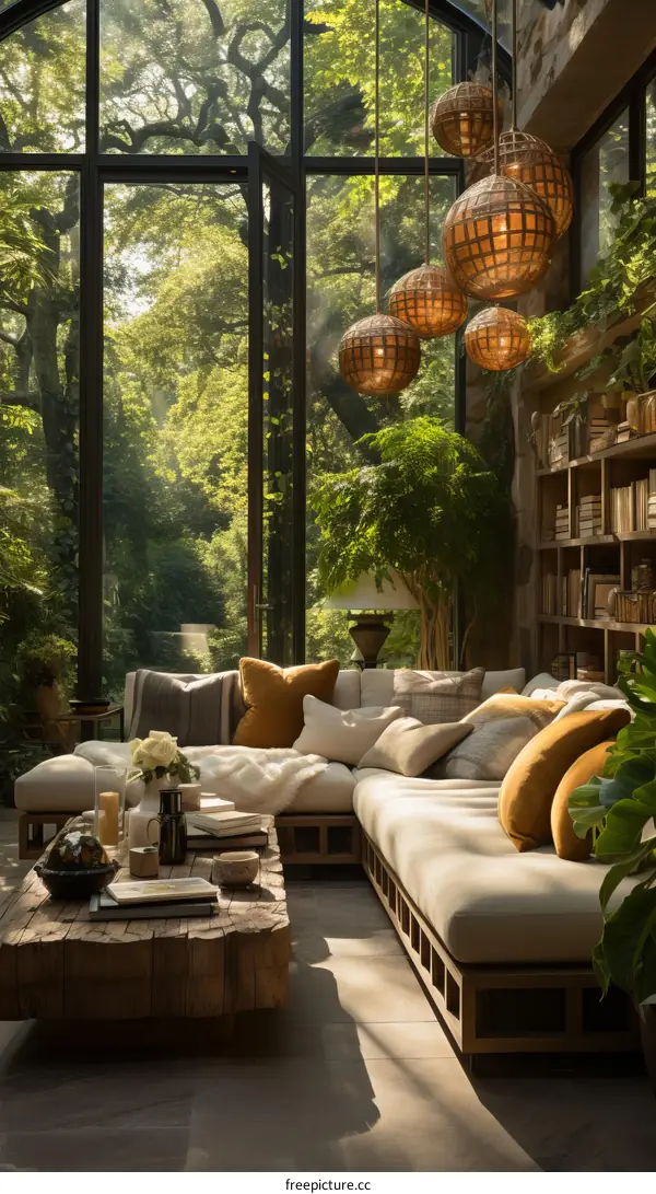 Elegant living room with large windows and lush greenery