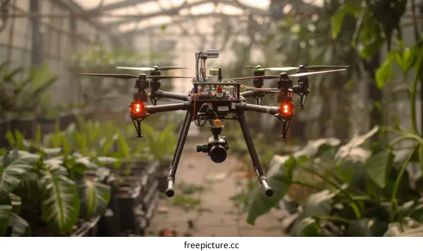 A drone is flying in a greenhouse