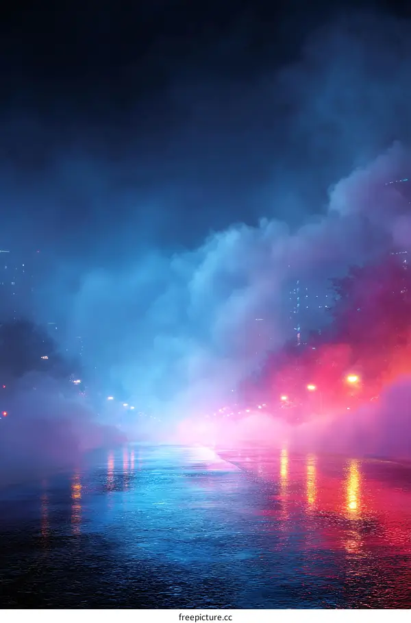Neon Cityscape at Night with Fog