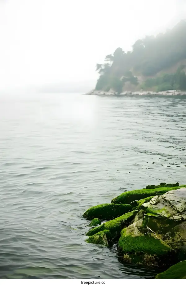 Sea Shore With Green Moss Covered Rocks