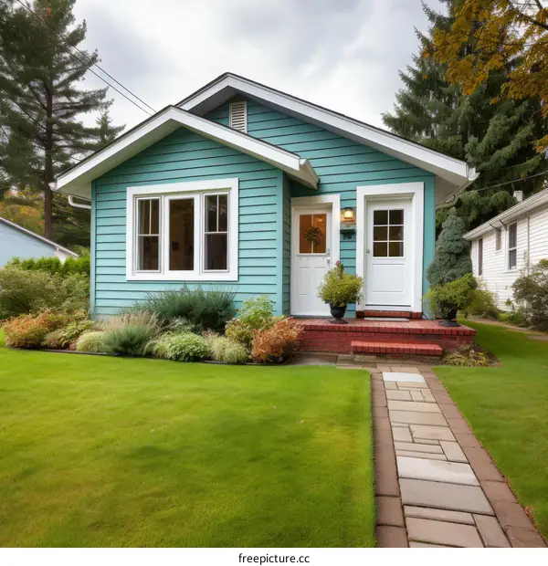 Small blue house with white door and brick steps