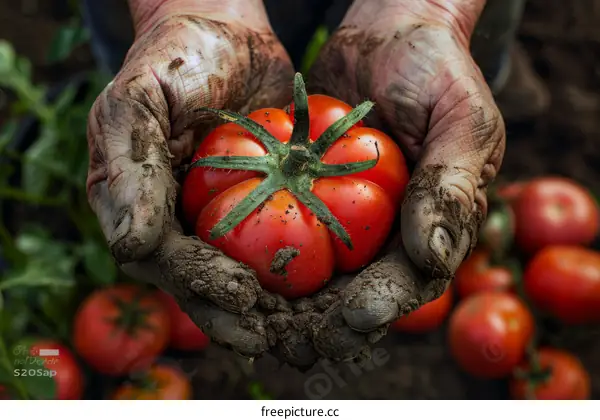 Farmer's hands holding a tomato