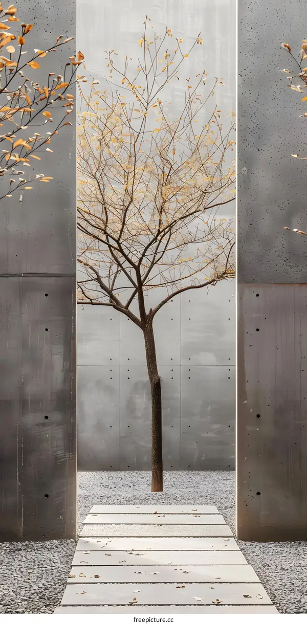 Minimalist Garden with a Single Tree and Concrete Walls