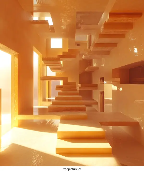 Abstract Architecture with Staircase and Golden Walls