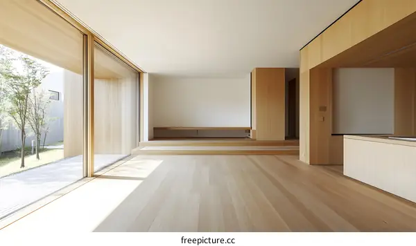 Modern Minimalist Interior Design with Wooden Floors and Large Windows