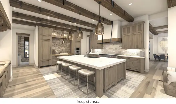 Modern Farmhouse Kitchen With Wood Accents And Large Island