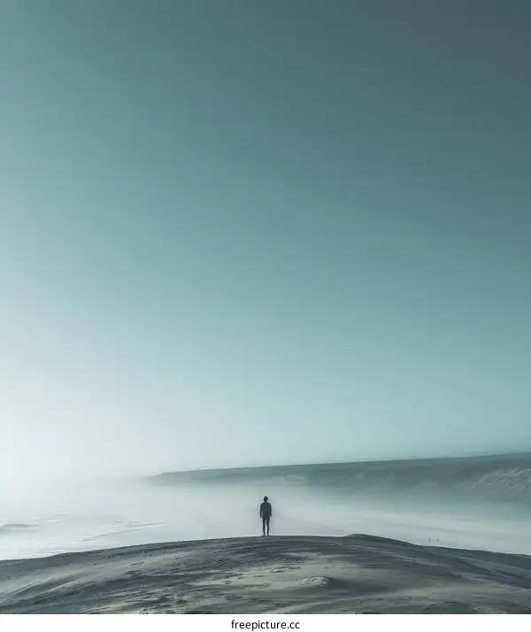Man standing alone on a sand dune looking out at the ocean